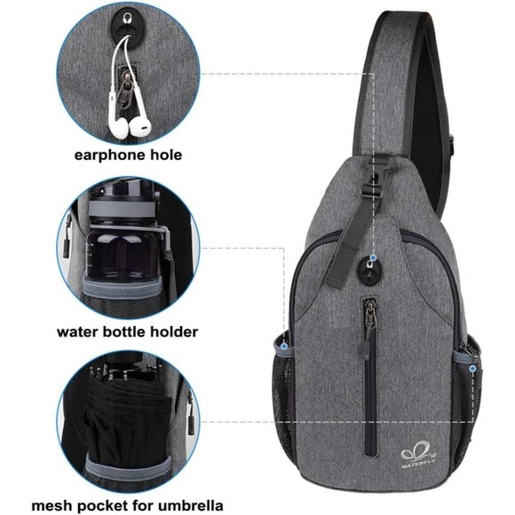 Waterfly Men Women Dark Gray Crossbody Adjustable Strap Hiking Sling Backpack - Picture 3 of 6